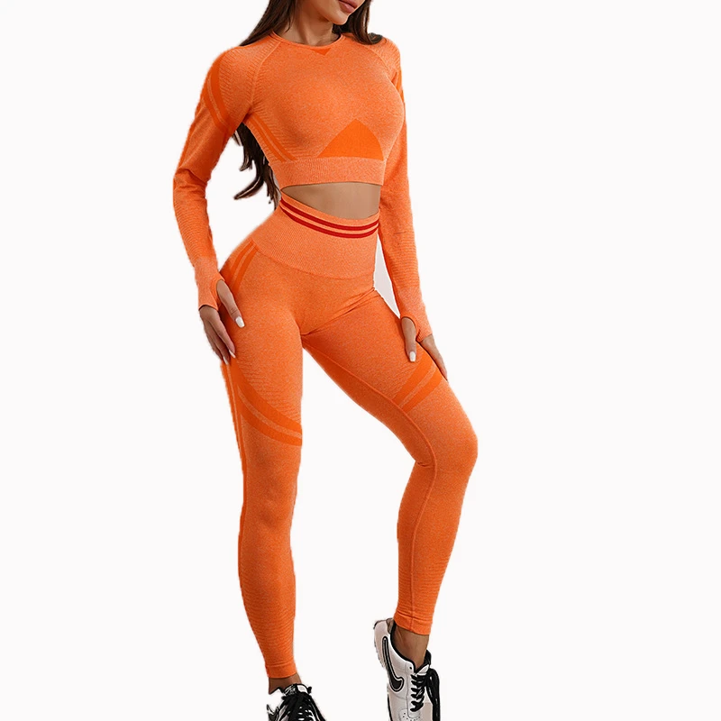 Wholesale Stretchy Breathable Long Sleeves Scrunch Butt Leggings Set 2 Piece Workout Fitness Gym Sport Wear Suit for Women