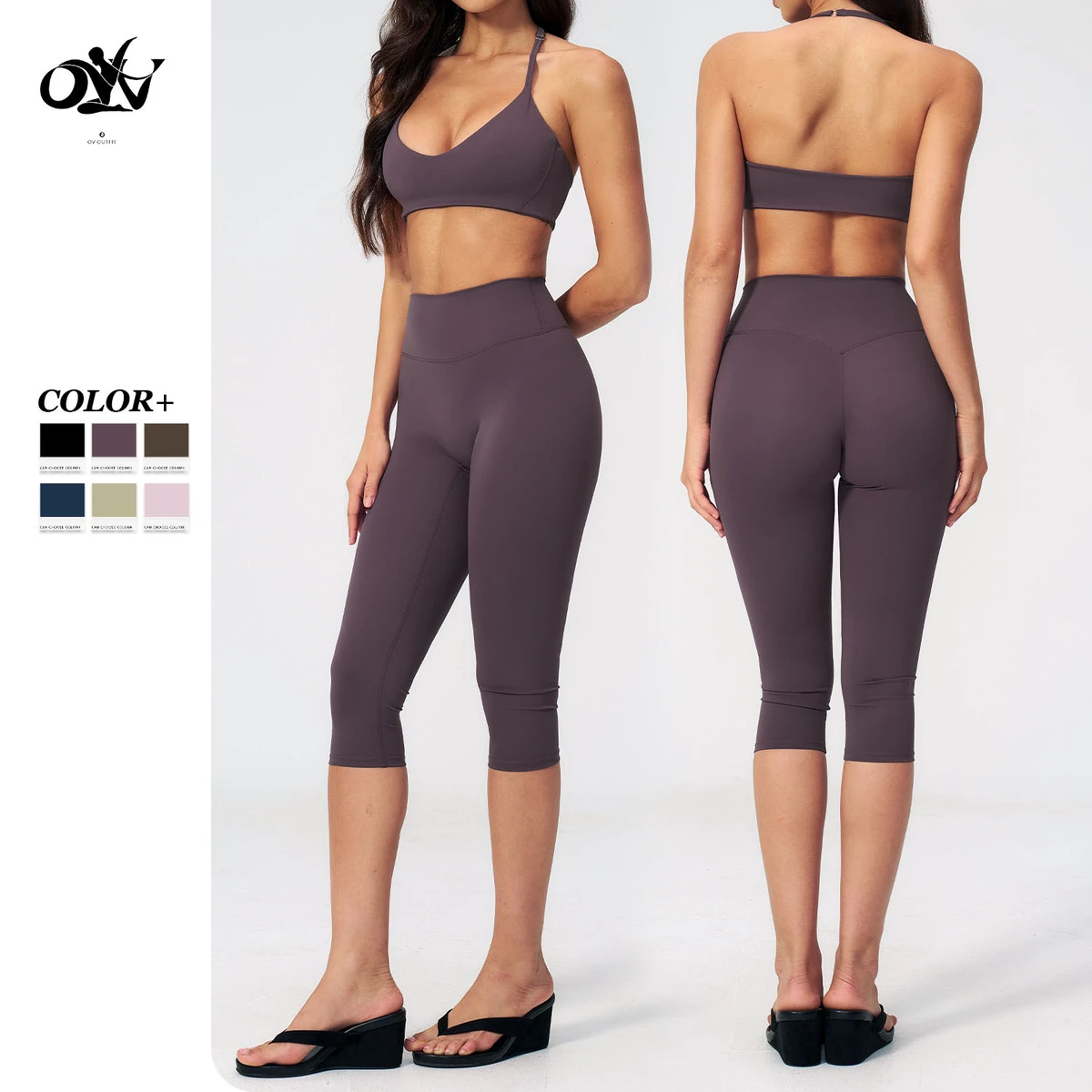 Fashion Casual Tight Halter Backless Yoga Wear for Women Summer Quick-drying Breathable Daily V-neck Training Sports Bra Set