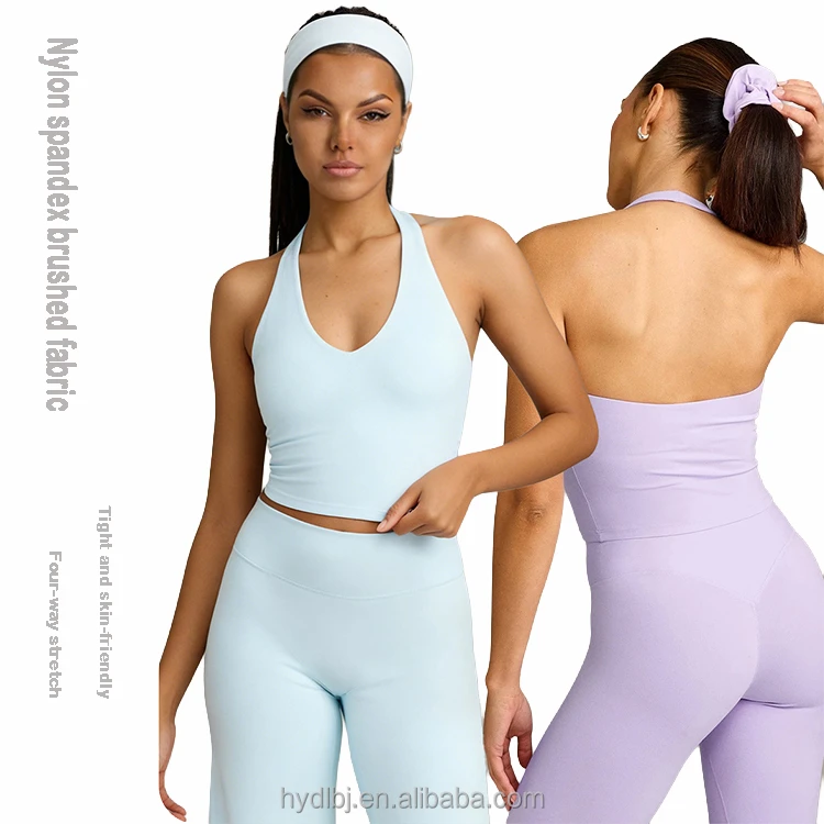 Women's Backless Halter Strap Yoga Tank Top Moisture-Wicking Quick-Drying Sports Top Removable Padded Bra Tight Fit Seamless