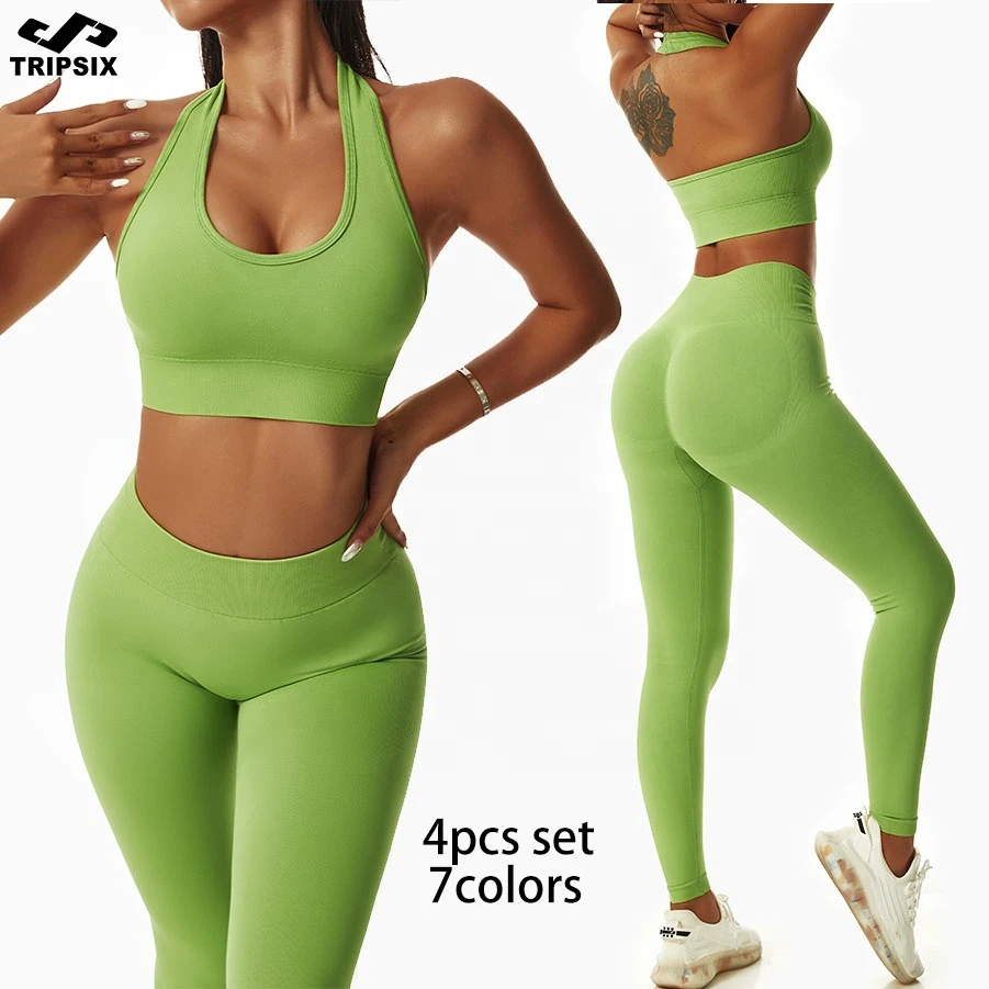 New Hot Sale Active Wear Sportswear 4 Piece Women Seamless Yoga Set Gym Fitness Sets Workout Bra Pants Set