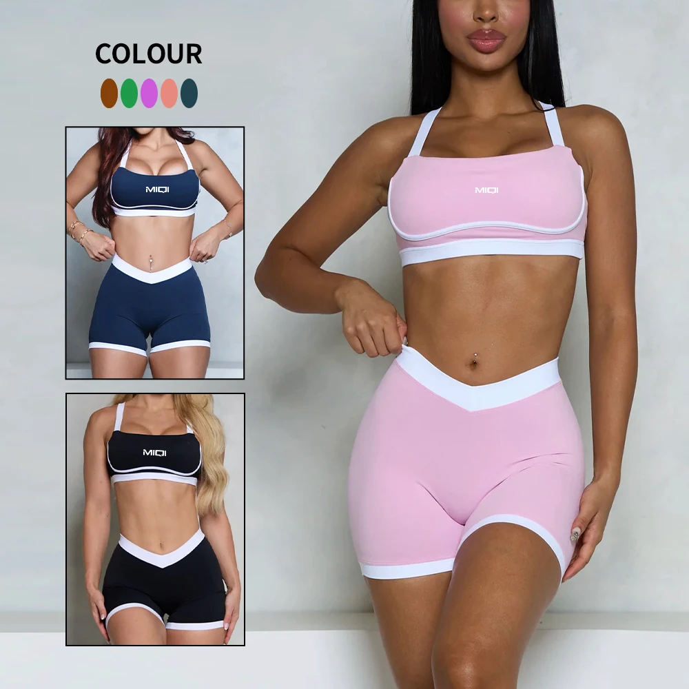 Custom Contrast V Waist Butt Scrunch Yoga Short and Bra Set for Women Sport Gym Workout Fitness Sets