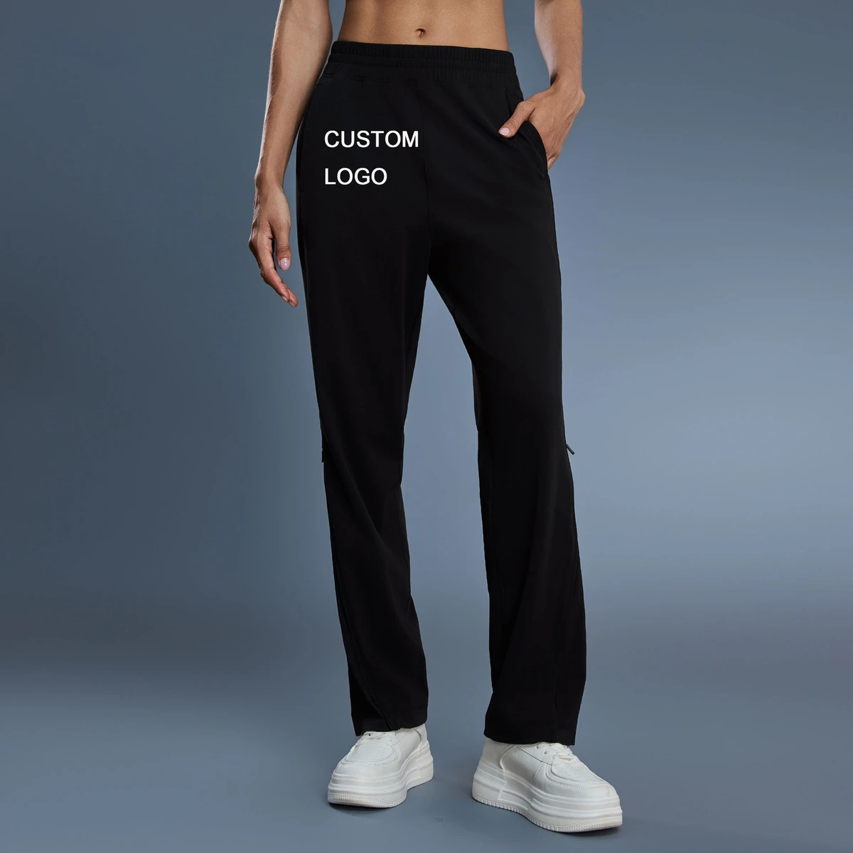Women's Casual Loose High-Waisted Solid Color Breathable Zipper Leg Boot-Cut Nylon Spandex Sports Running Pants