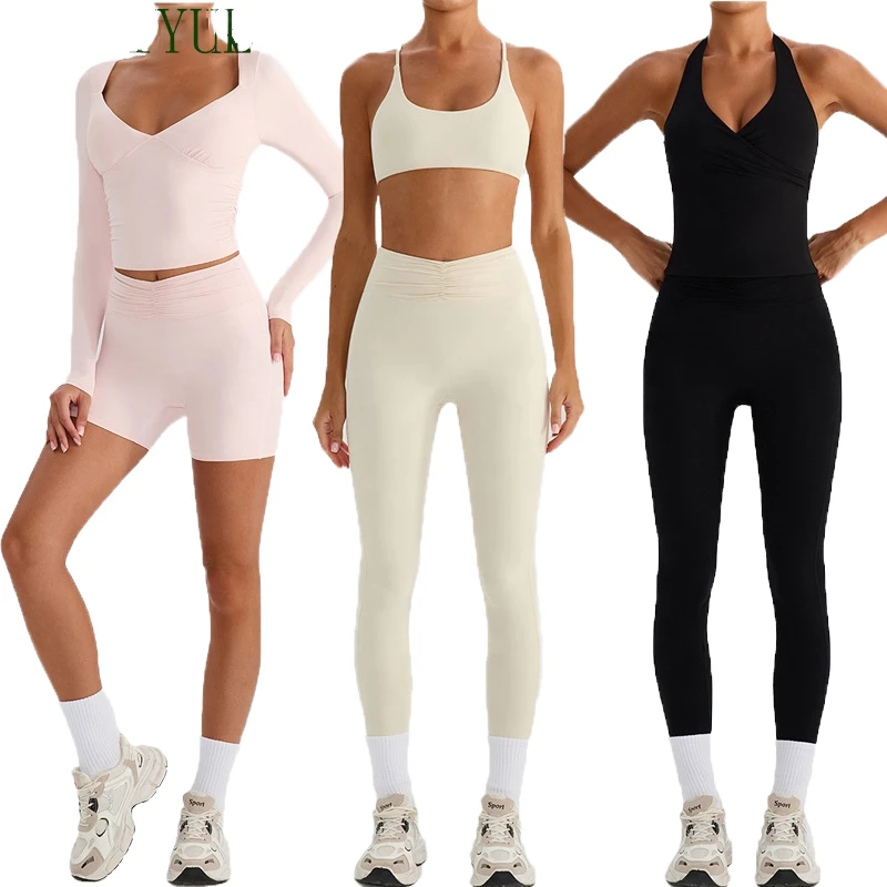 Custom High Waist Yoga Leggings and Workout Top 2 Piece Women Gym Fitness Set Breathable Quick Dry V Neck Sports Bra Sexy Design