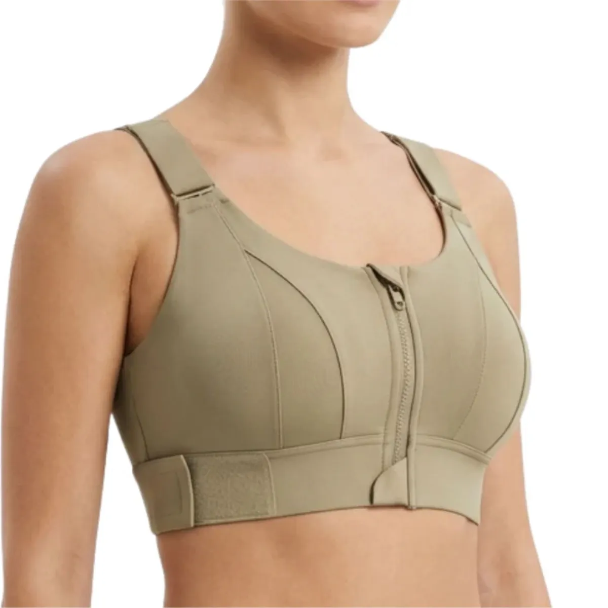 Olive Green Leopard Plus Size Front Zip High Support Seamless Square Neck Sports Bra for Women's Yoga Workout Activewear