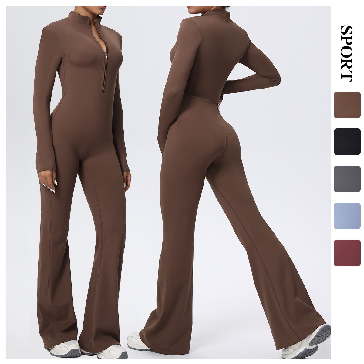 Custom 4-Way Stretch Zipper Long Sleeve Sports Fitness Jumpsuit Breathableb Quick Dry Butt Lift Pilates Flared Yoga Jumpsuits