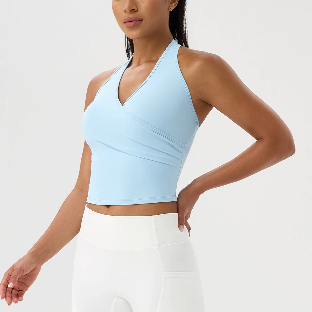 High Quality Breathable Fitness Wear Solid Color V-neck Running Sports Singlets Beauty Back Halter Yoga Tank Top for Woman