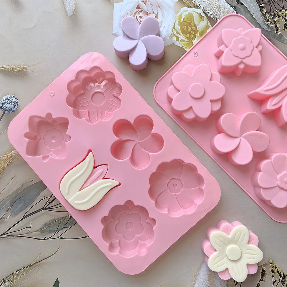 6 Cavity Silicone Flowers Shaped Mold Non Stick Food Grade Silicone Mixed Tulip Daisy Mold Candy Chocolate Jelly Moulds