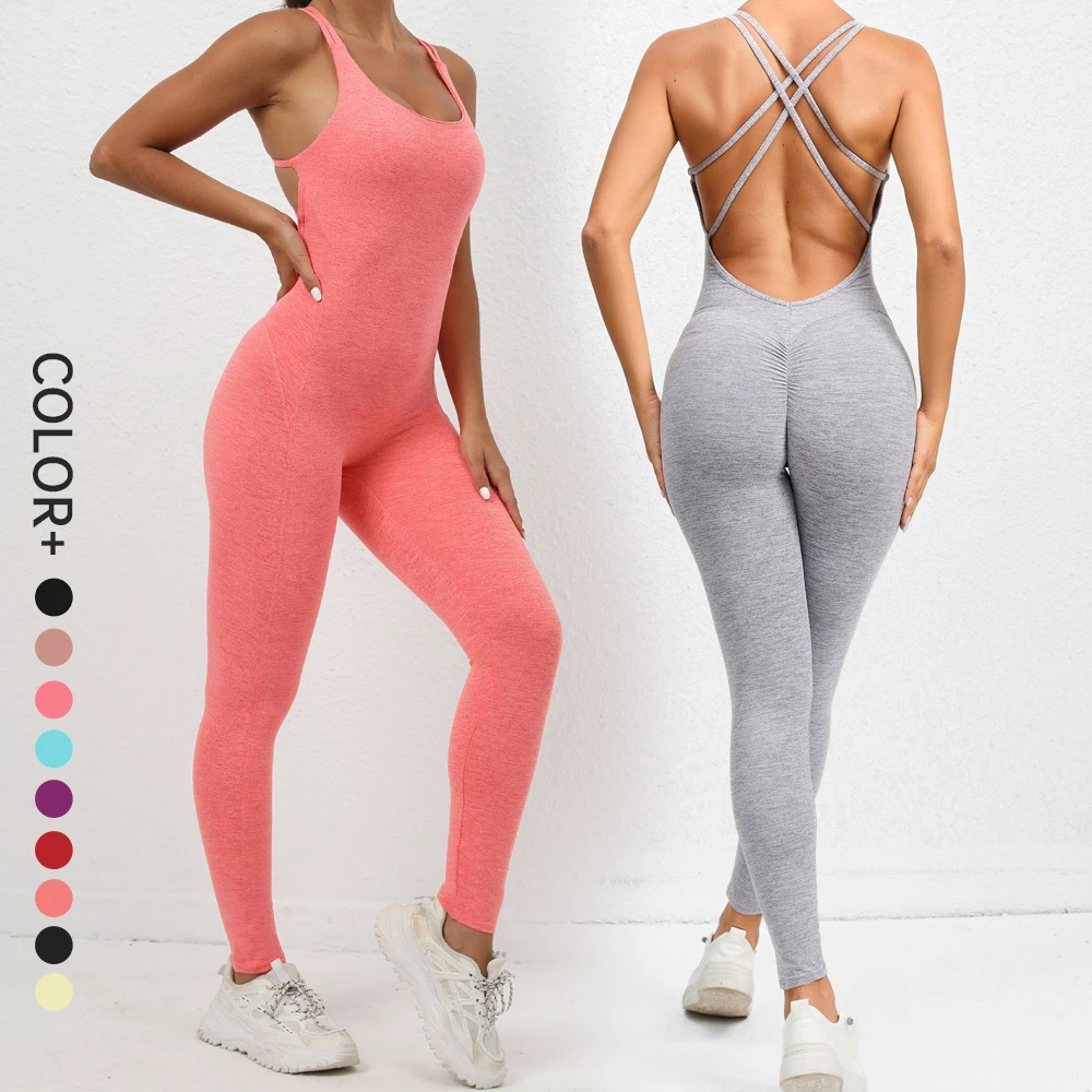 SHINBENE Women Spaghetti Strap Bodycon Tank One Piece Cross Back Jumpsuits Sport Rompers Playsuit