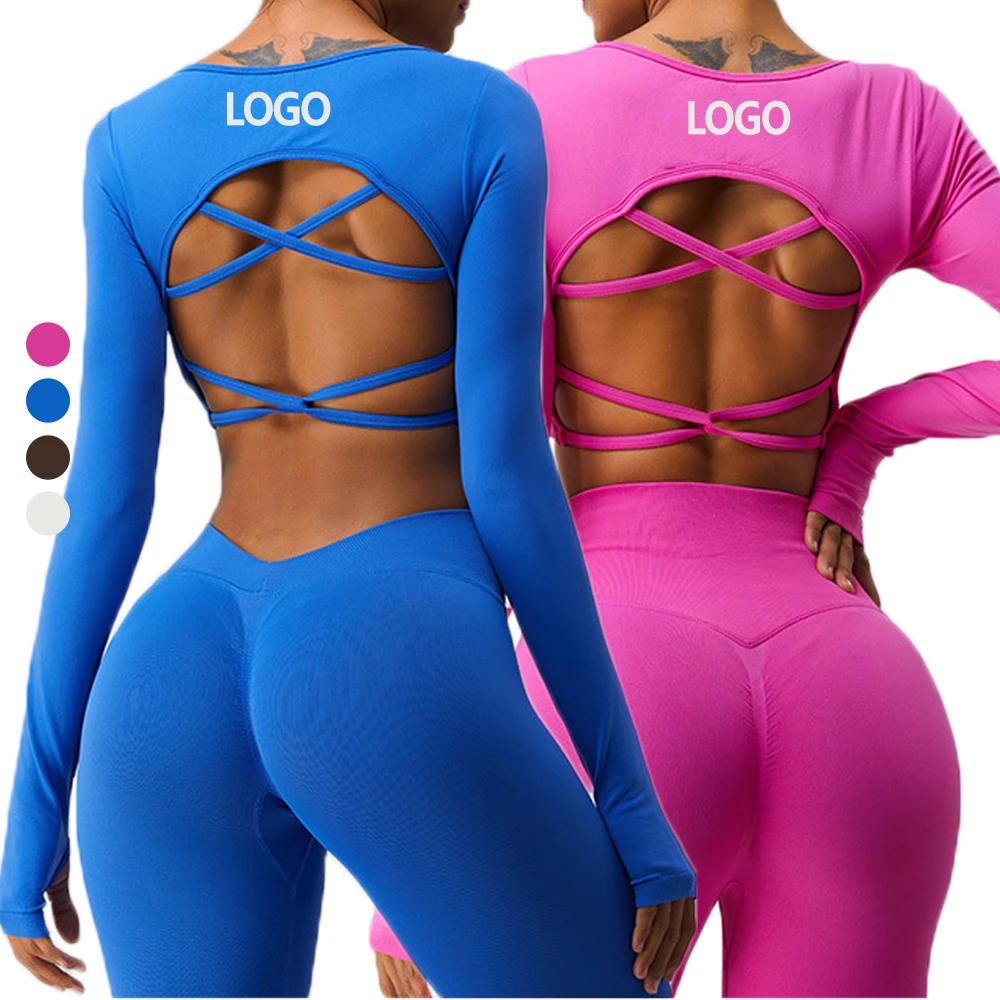New High Quality Europe Winter Activewear 90% Nylon Fast Drying Cross Back Yoga Fitness Long Sleeve Sports Top