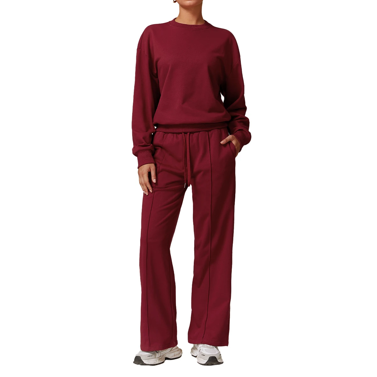 Vanfound Women's High Waist Wide Leg Sweat Suit Long Sleeve Running Yoga Set Leisure Sports Breathable Elastic Waist Solid