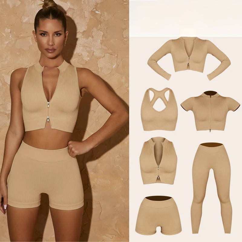 Hot Sale Seamless Bra Yoga Suit Gym Clothing Sets 6 Piece Ribbed Zipper Women Sports Gym Fitness Sets Yoga Legging Short