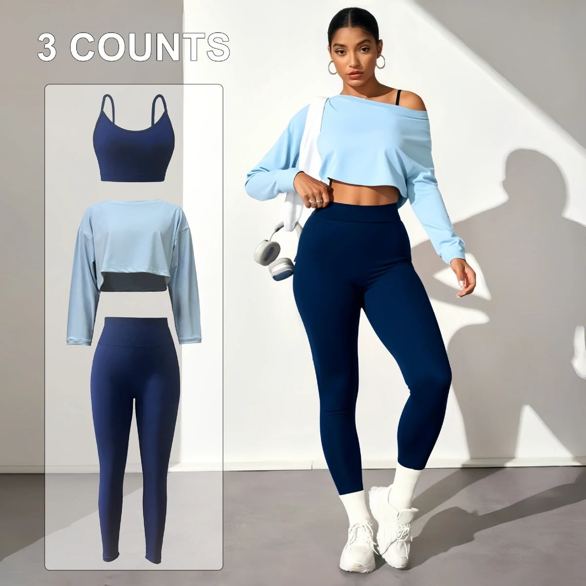 Solid Wrinkle-Resistant Yoga Three-Piece Set Seamless Bra Tight Leggings Long-Sleeve Top Women's Spandex/Nylon Ankle-Length