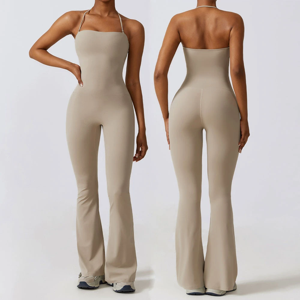 Custom Logo Gym One Piece Breathable Workout Slim Flares Pants Rumpers Women Jumpsuits Playsuits Bodysuit Yoga For Girls