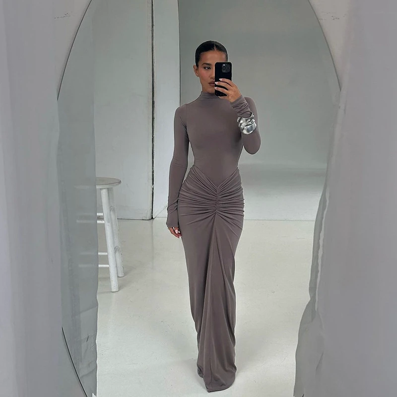 Women's Solid Color Long Sleeve Jumpsuit - Casual High Neck Backless Bodycon Maxi Jumpsuit With Ruched Waist Vacation