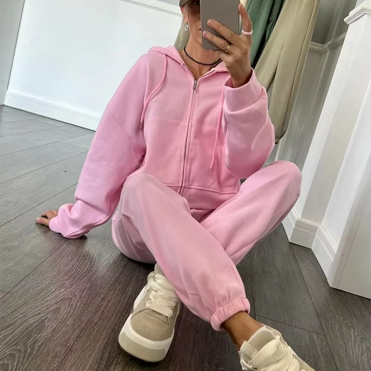 DUOLLB High Quality Women's Winter Cropped Washed Hooded Zip Jacket Jogger Pants Custom Logo Green Tracksuits-2 Piece Set
