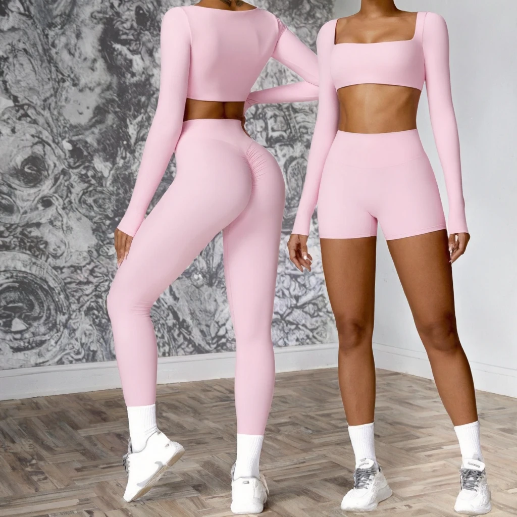 2 Piece Sports Set for Women Long Sleeve Crop Top and Scrunch Leggings Quick-Drying Yoga Clothing for Gym Training Outfit