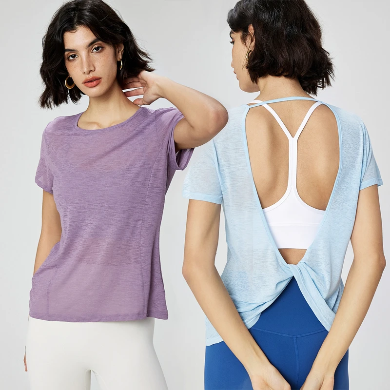 Open Twist Back Workout T-Shirts for Women Quick-Drying Sports Yoga Short Sleeve Top Athletic Running Active Wear
