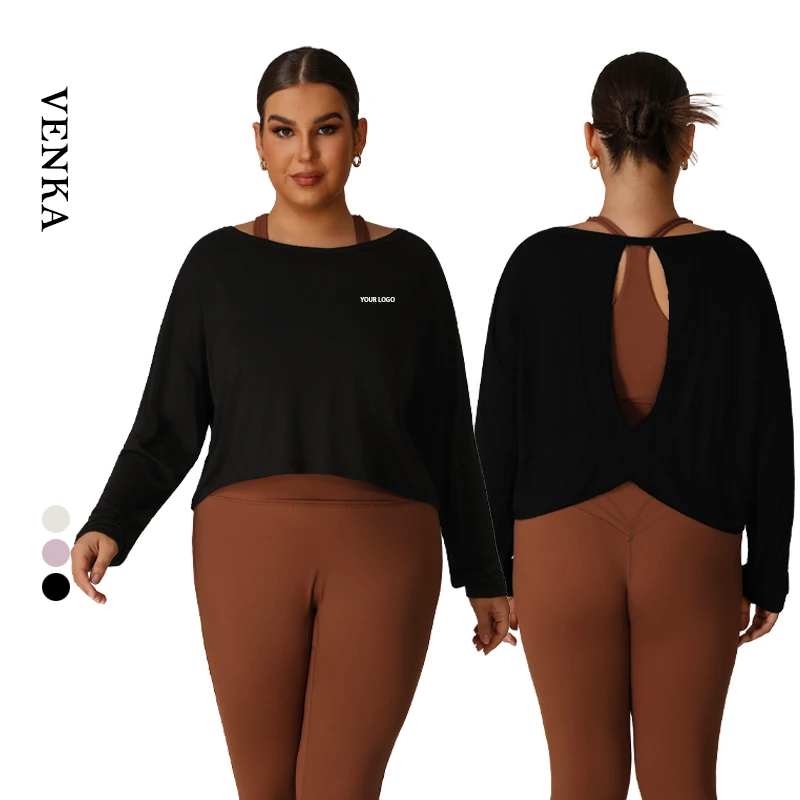 Women's XL-4XL Plus Size Loose Fit Open Back Long Sleeve Top Yoga Clothes Mesh Holes Quick Dry Women Gym Fitness Yoga T-Shirt