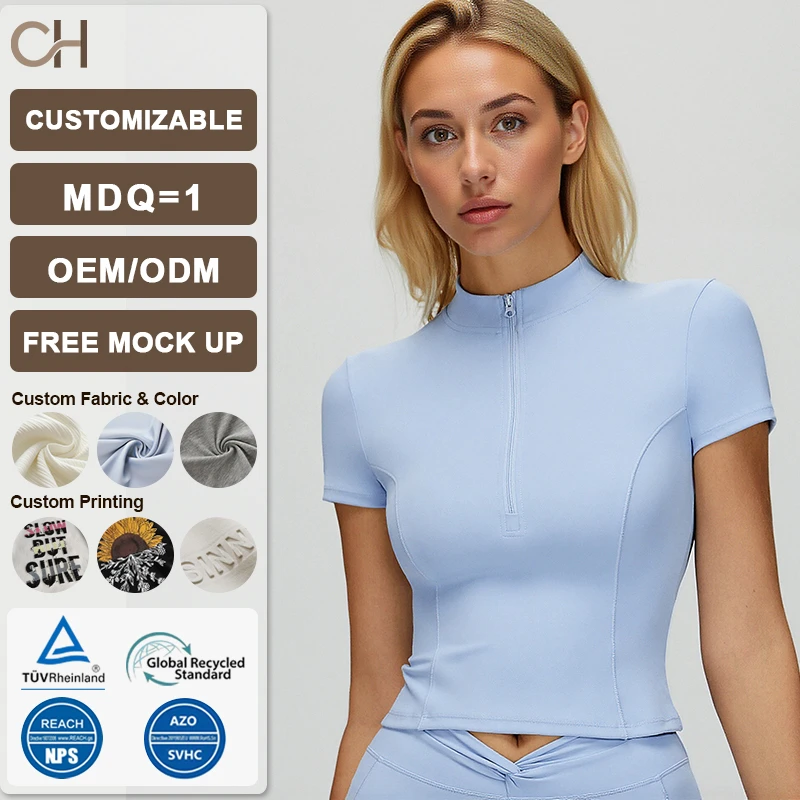 Breathable Yoga Short Sleeve Tank Top Women's Stand Collar Zipper Skinny Fit Spandex/Nylon Solid Crop Sports T-shirt