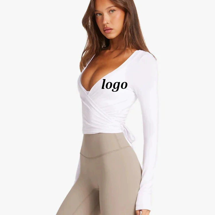 Custom Private Label Summer Logo Women's Pilates Yoga V-Neck Long Sleeve Breathable Quick Dry Workout T-Shirt