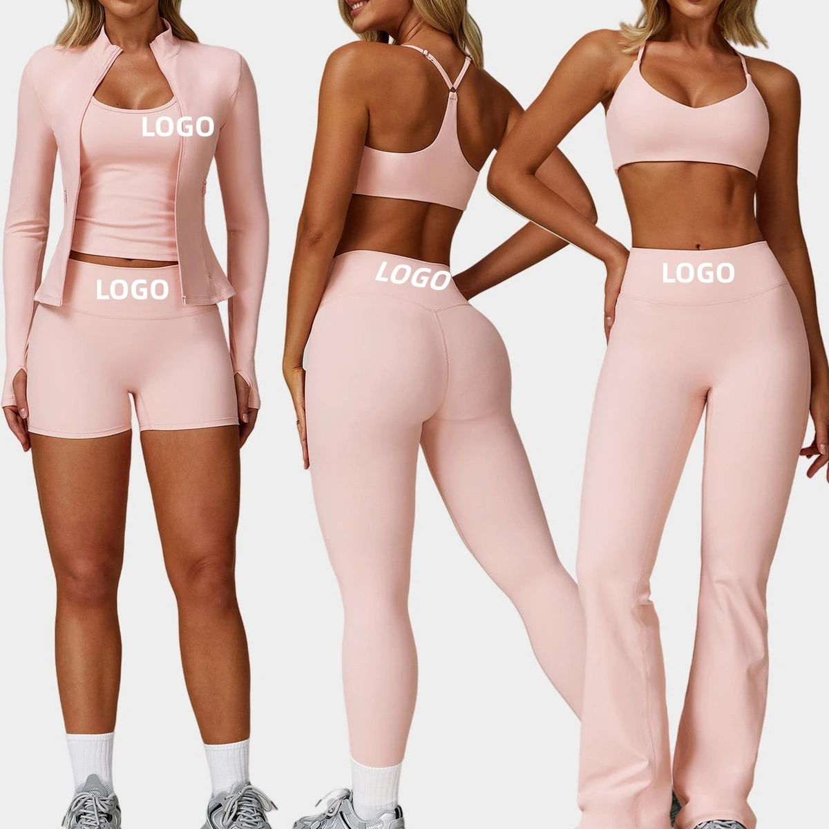 Custom Women's 5-Piece High Waist Yoga Set Quick Dry Breathable Stretch Butt Lifting Fitness Activewear Leggings Sports Shorts