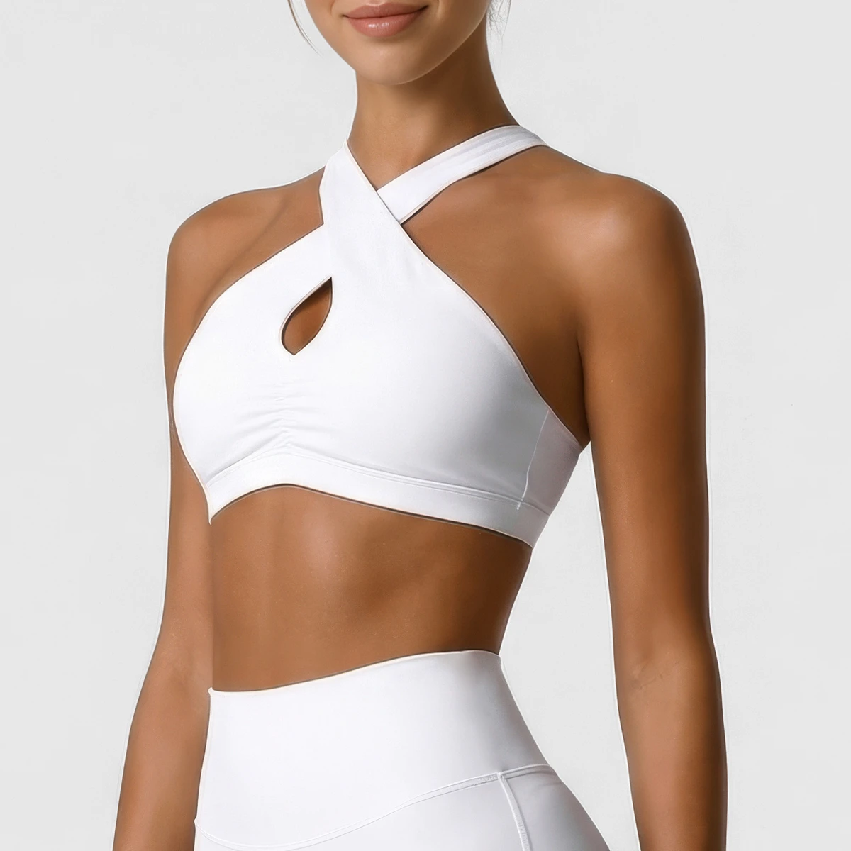 Womens Lightweight Seamless Criss Cross Halter Sports Bra High Support Print Pattern Front Logo Yoga & Gym Top