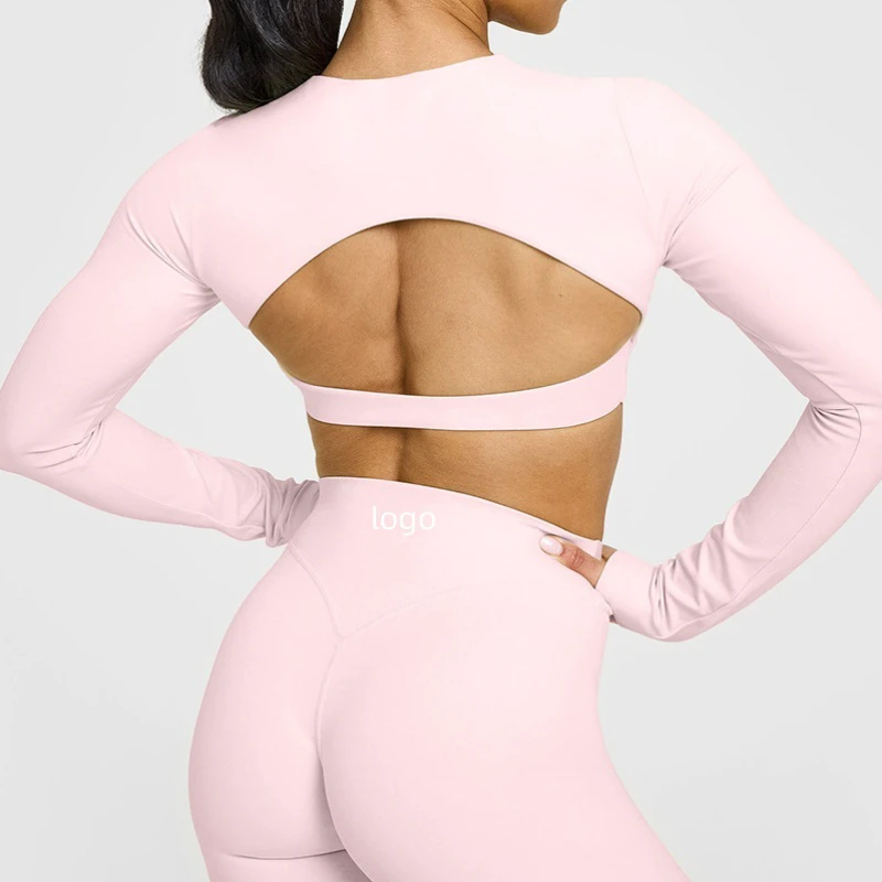 Aoyema Custom Women's Quick Dry High Quality Lightweight Breathable Backless Crop Top Long Sleeve Yoga Shirt for Gym Fitness