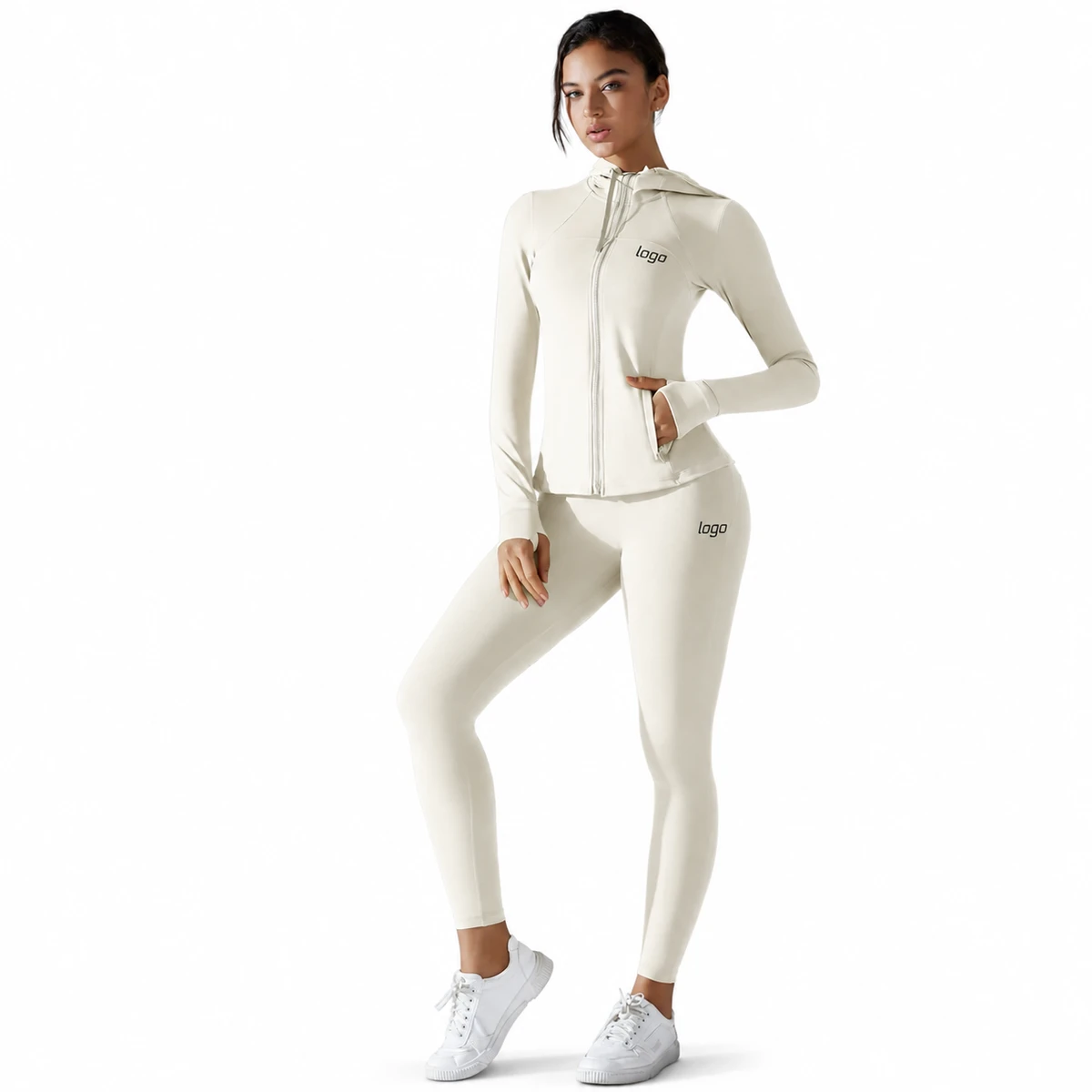 Custom Nylon Spandex Quick Dry High Waist Squat Proof Sun Protection Yoga Set with Hooded Zipper Jacket for Gym Yoga Running