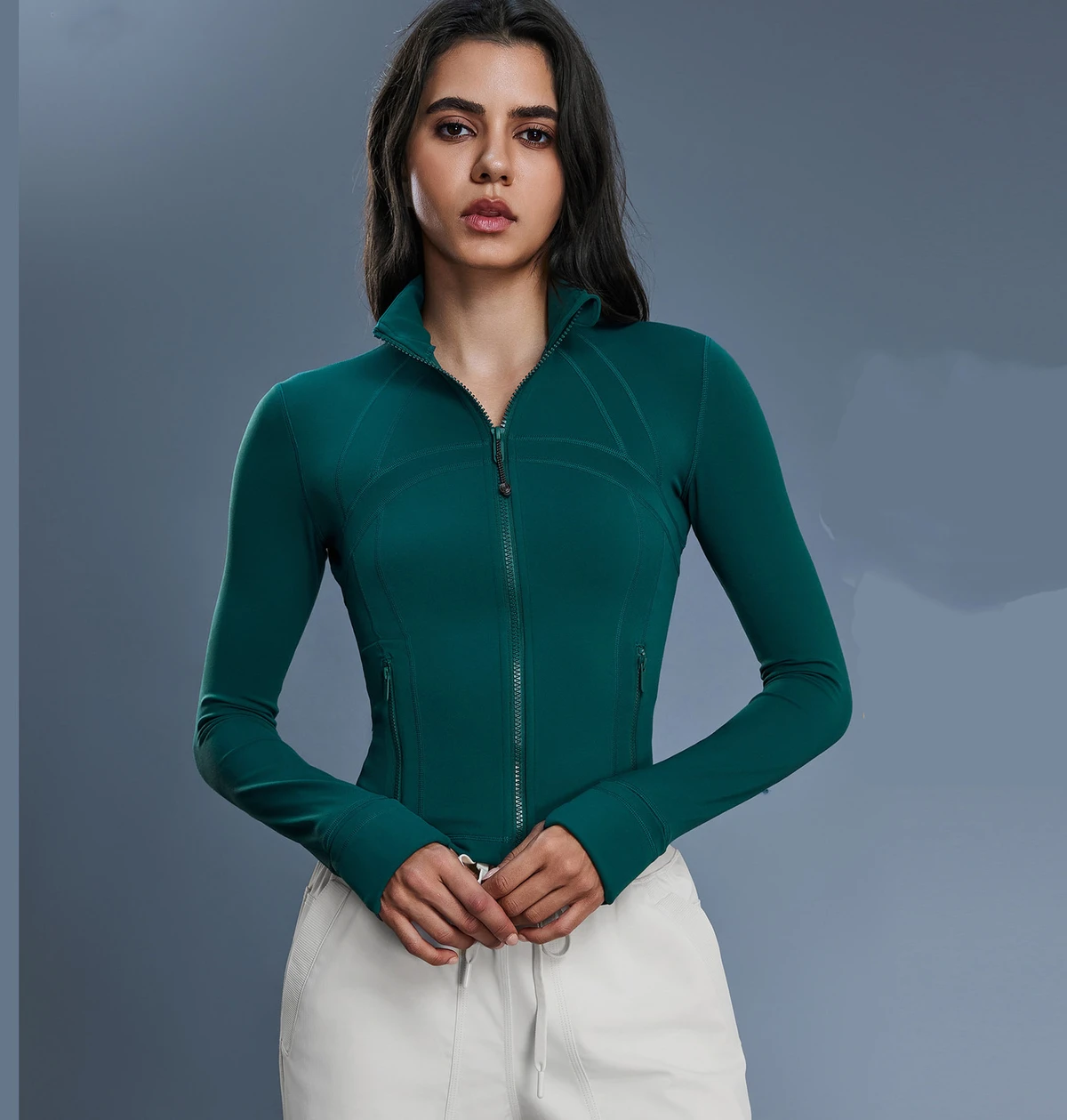 Factory Custom Breathable Fitness Wear High Elastic Outdoor Zipper Sports Top Side Pockets Slimming Yoga Lulu Jacket for Woman