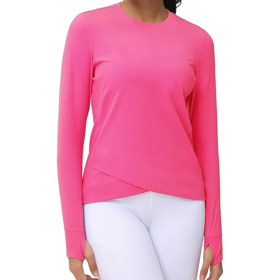 Women's Long Sleeve Compression Shirts Workout Tops Quick Dry Cross Hem Athletic Running Yoga Shirts with Thumb Holes Activewear