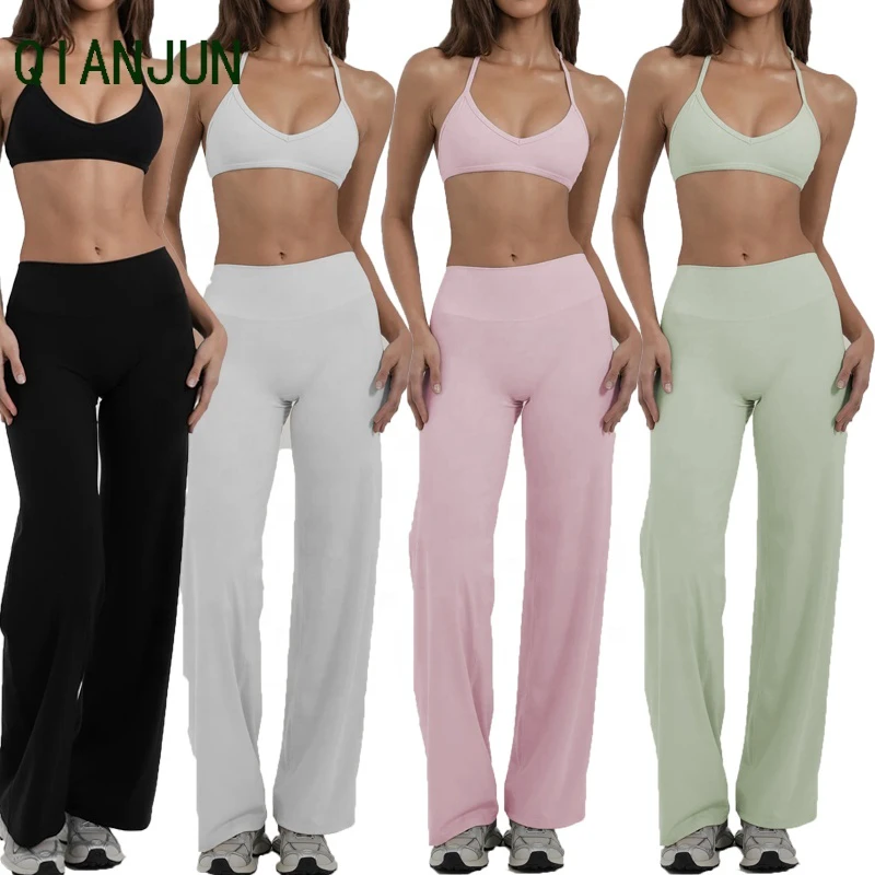 Customized Logo High Elasticity Yoga 2-Piece Set With Built-In Breast Pads Loose Pants Gym Fitness Yoga Clothes