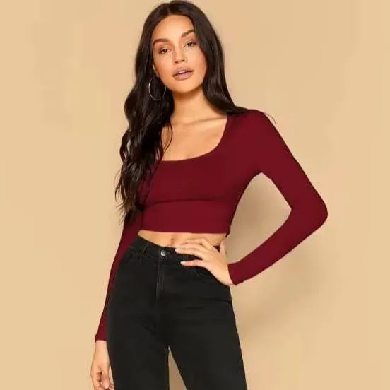Womens Long Sleeve Crop Top Solid Red Slim Fit Stretch Fabric Casual Fashion Streetwear