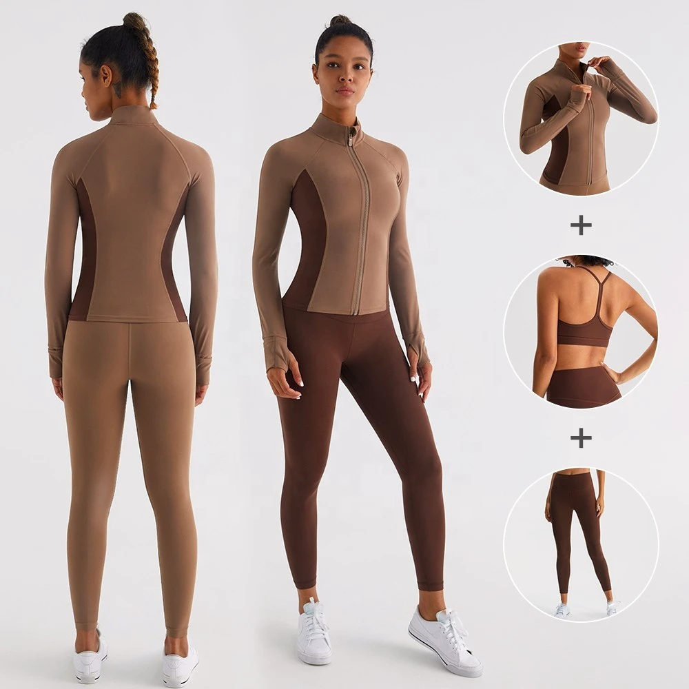 Lu Women's High Waist Breathable Nude Three-Piece Sports Set Solid Pattern Gym Outdoor Running Yoga Suit