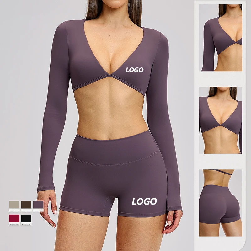 Stretch Yoga Short Set Deep V Yoga Crop Top with Removable Pad Quick Dry Women Yoga Set OEM Custom Logo