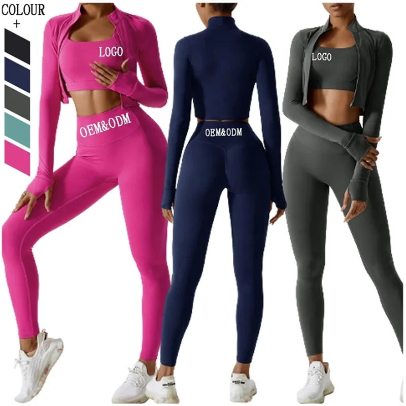 Women's 4-Piece Yoga Set Breathable Spandex/Nylon Elastic Waist Full-Length Sleeves Gym Leggings Solid Pattern Contrast Stitch