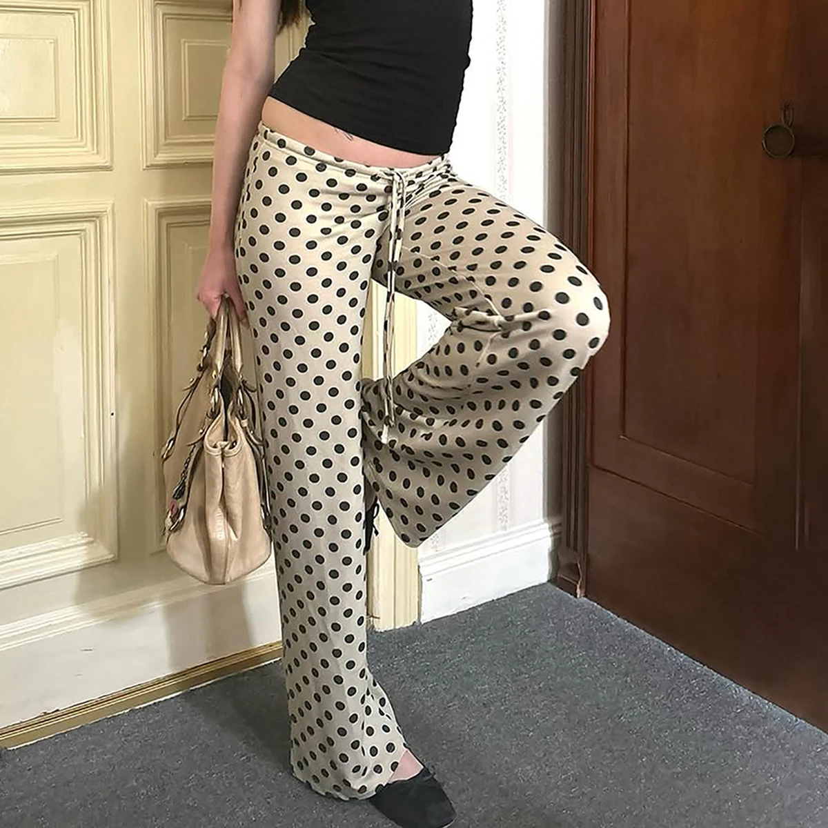 Women's Breathable Flat Front Low Waist Dot Print Drawstring Yoga Pants Casual Loose Fit Spandex/Polyester Flare Pants Gym