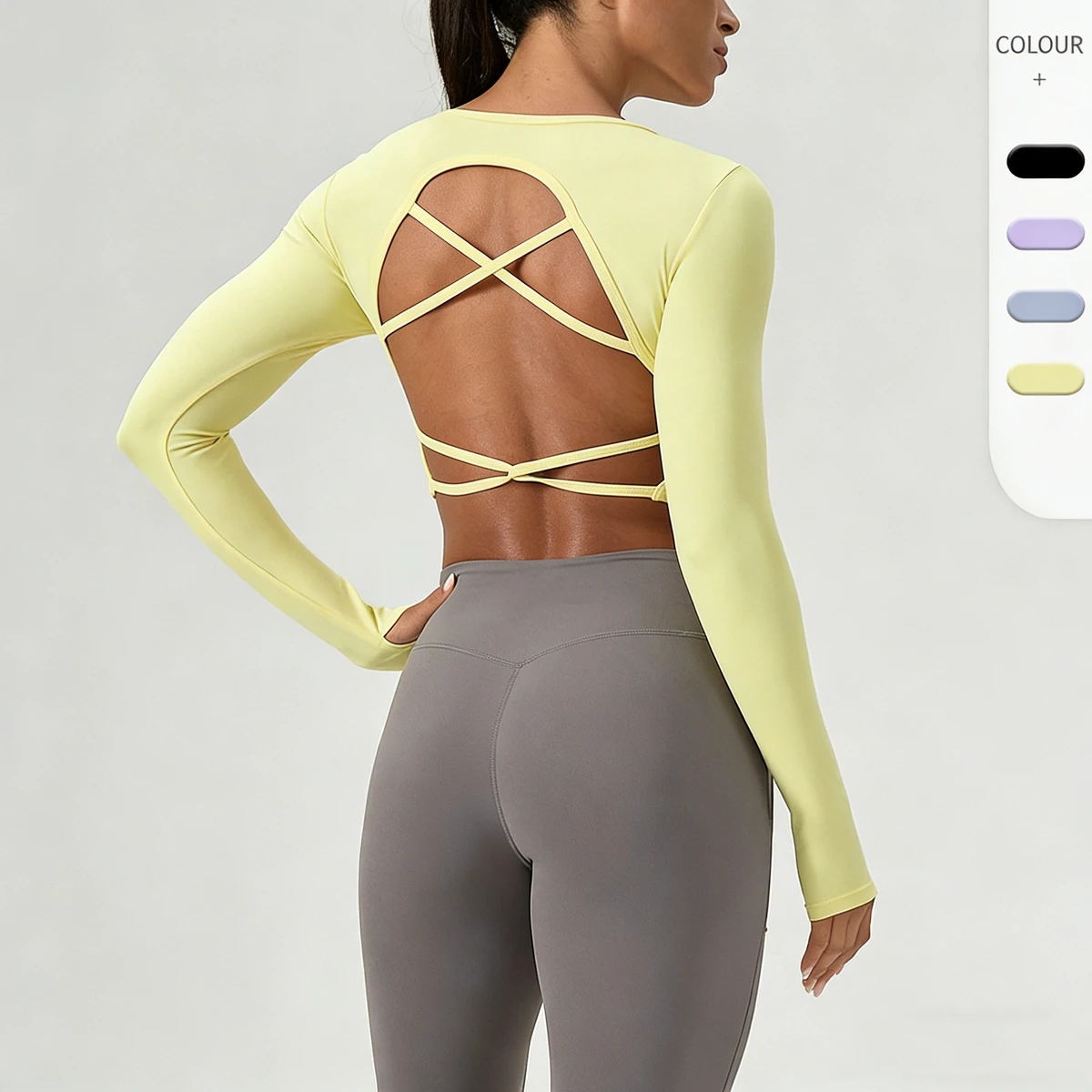 Women Soft V Neck Gym Yoga Long Tops Compression Lightweight Breathable Four-Way Stretch Cross Back Sexy Running Sports T-Shirt