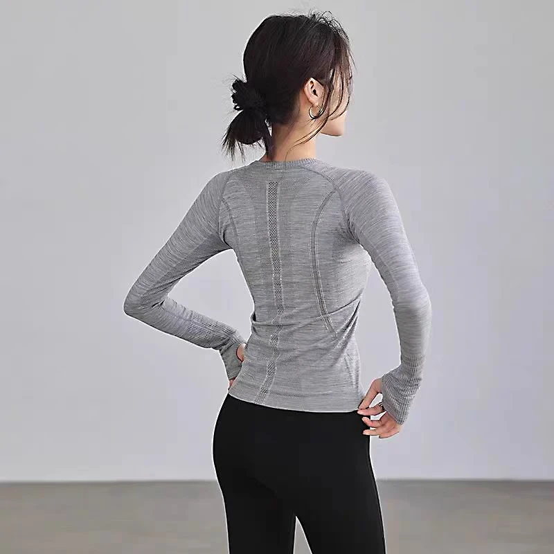 Long Sleeve Seamless Fitness Wear Yoga Top Quick Dry Breathable High Elastic Knit Yoga Shirt Solid Color Yoga Running T-shirts