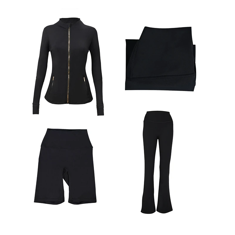 Custom Logo Yoga Jacket Leggings Running Fitness Bell-Bottom Pants Quick-Dry Breathable Gold Zipper Athletic Wear 4-Piece Set