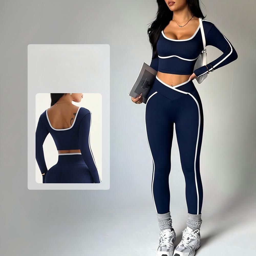 Contrasting Color Sportswear Top & Pants Yoga Set Breathable Long Sleeve High Waist Buttock Lifting Sports 2-Piece Set for Women