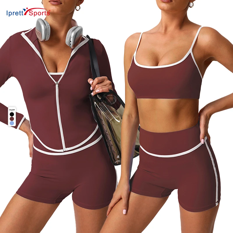 Women's 5 Pcs Suit Fitness Sets Gym Wear Contrast Color Fitness Outfits Nylon Yoga Sets Sports Bra Shorts Skirt Jackets Leggings