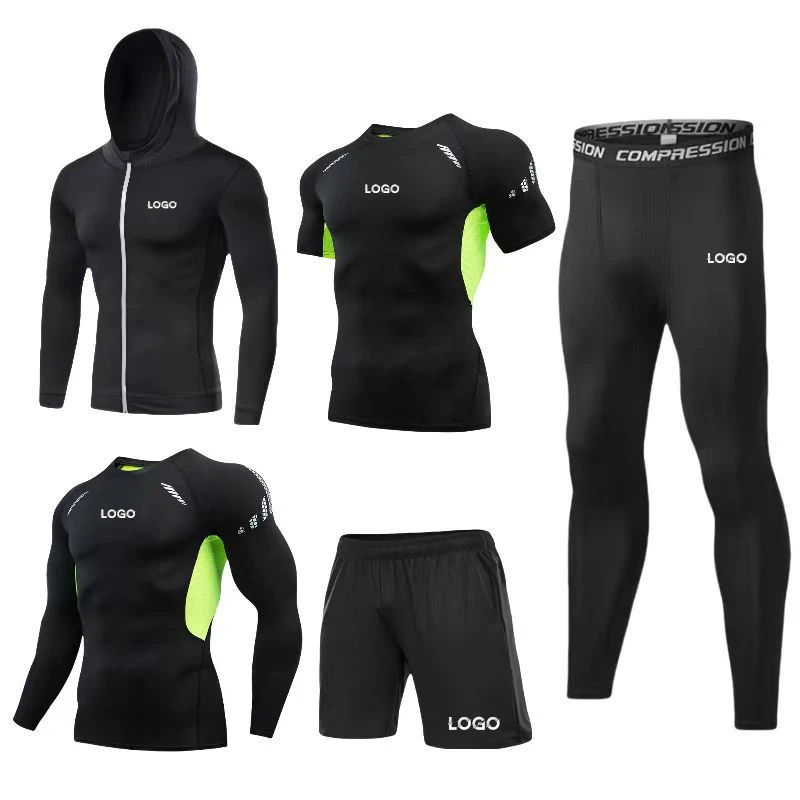 Custom 5 Pieces Compression Sets Fitness Training T Shirt Shorts Leggings Quick Dry Tights Sports Gym Running Tracksuit for Men