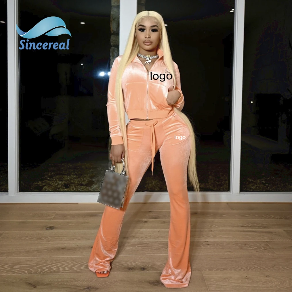 Women's Custom Two-Piece Tracksuit Skinny Fit Velour/Velvet Jogging Suit Rhinestone/Embroidery Logo Short Length Tops For Autumn