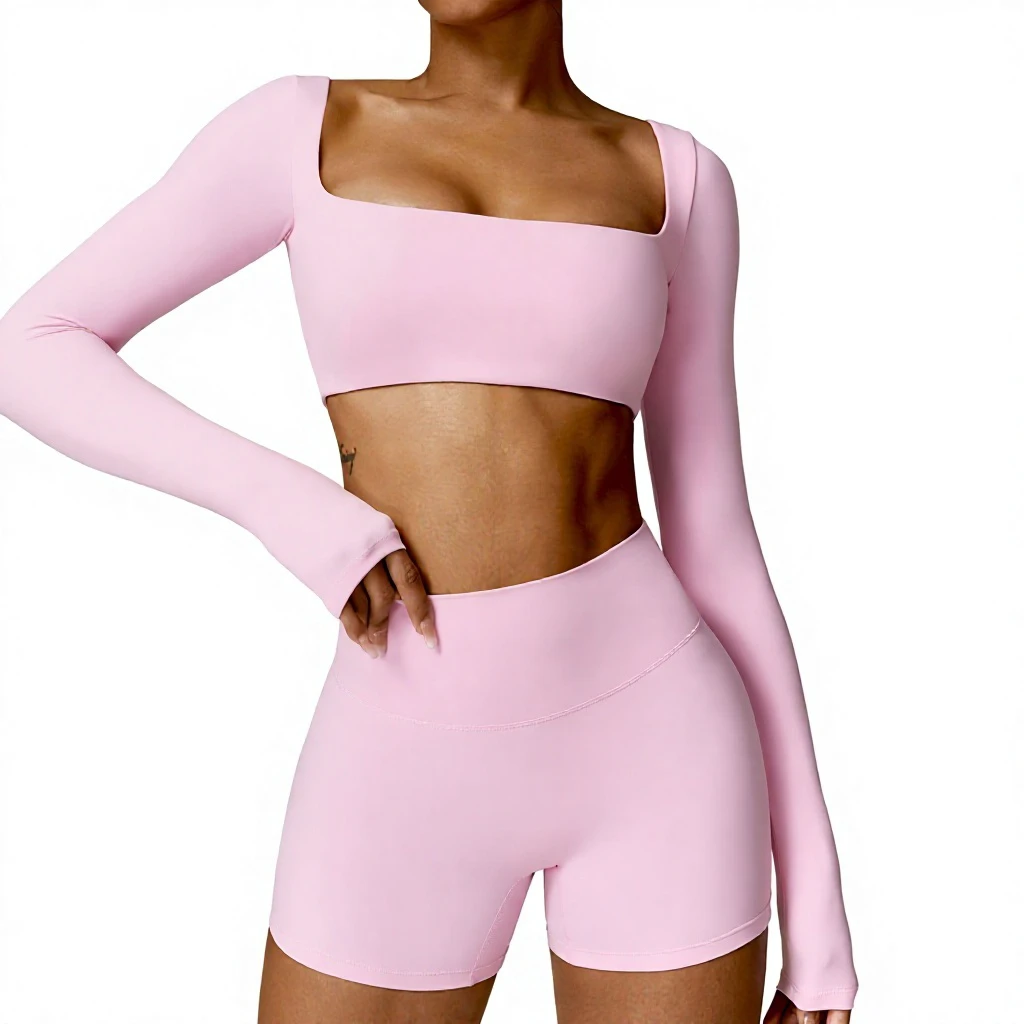 Cross-border Winter Solid Wrinkle-resistant Fashion Yoga Suit High Waist Quick-drying Spandex/Nylon Front Two-piece Shorts 8518