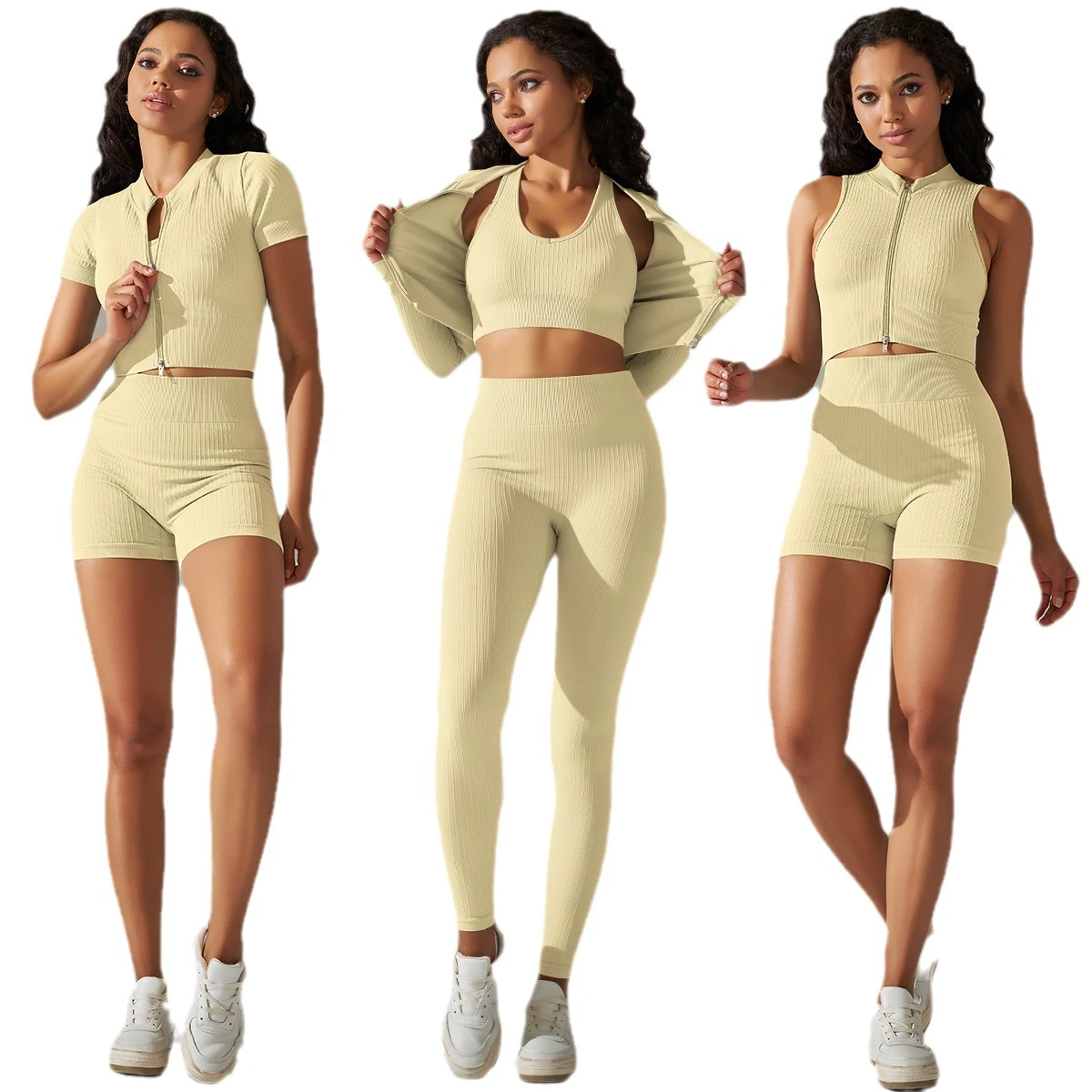 Seamless Ribbed Yoga Set-6-Piece Solid Color Spandex/Nylon Four-Way Stretch Quick Dry Breathable Activewear Collection