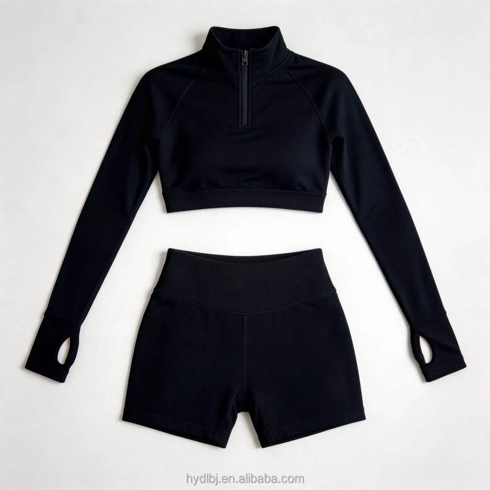 Women's Cross-border Half-zipper Long-sleeved Fitness Running Yoga Shorts Breathable Elastic Nylon Spandex Seamless Solid