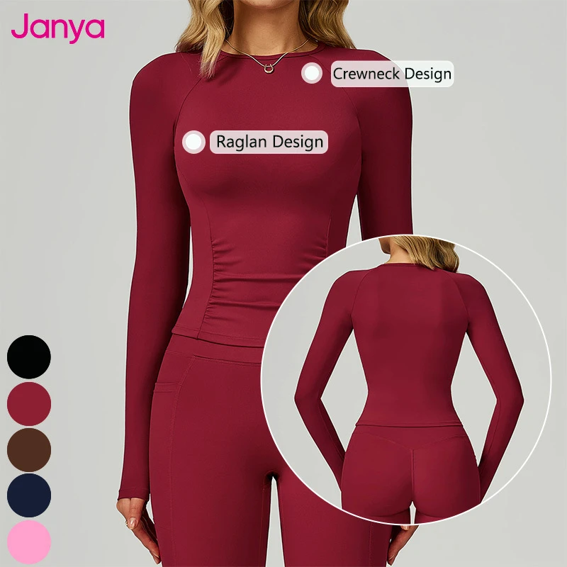 Janya Women Fit Naked Feel Round Neck Solid Slim Soft Stretchy Tummy Control Outdoor Sports Running Fitness Long Sleeve Yoga Top