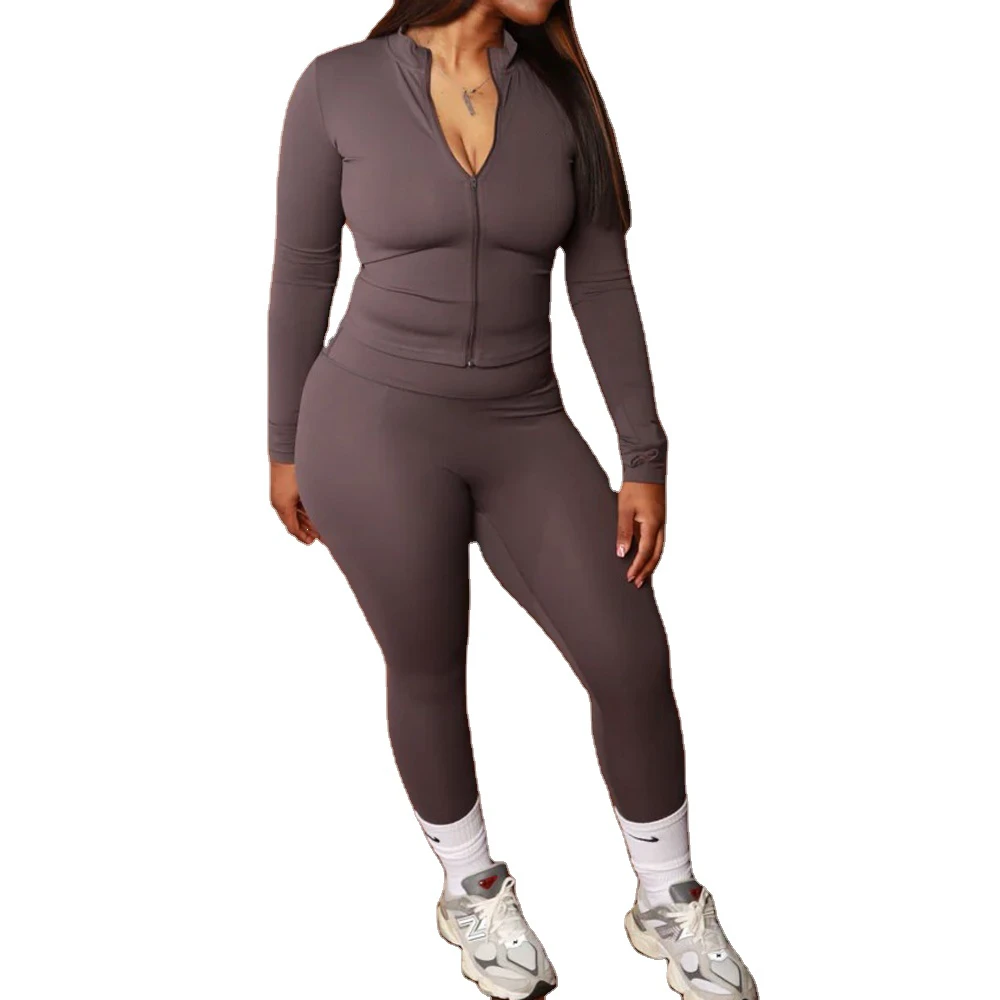 2024 Solid Breathable Workout Sets Women 2 Piece Long Sleeve Zip Crop Top Outfits Zipper Jacket High Waist Leggings Gym Yoga