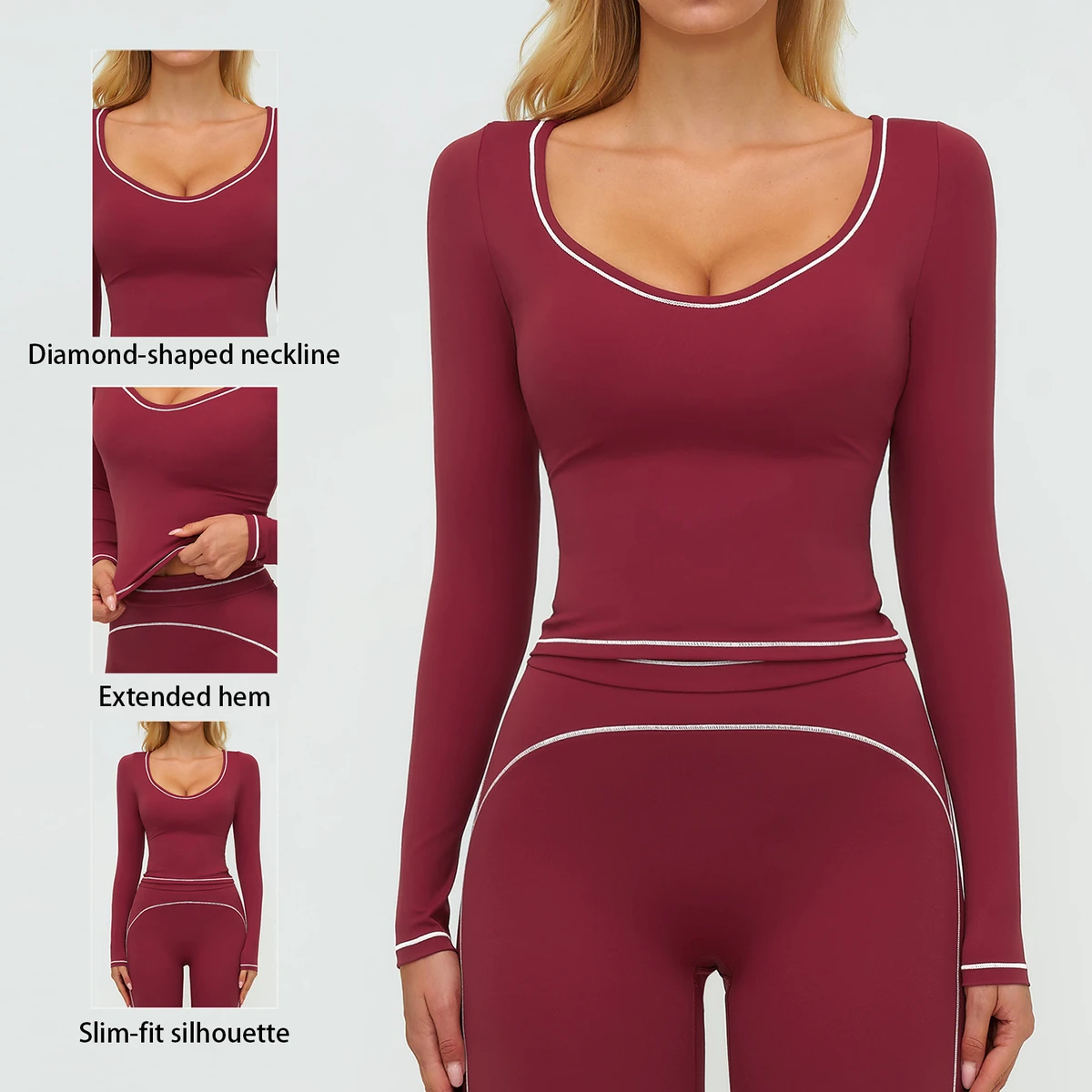 Comfortable Fitted Yoga Long-Sleeve Contrast-Color Casual Quick-Dry Slim-Fit Fashion T-Shirt Outdoor Fitness Running Sports Top