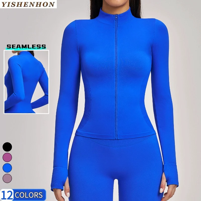 YISHENHON Women's Fitness Yoga Top Seamless Nylon Jacket With Thick Stand Collar and Zipper Warm Windproof Activewear Full